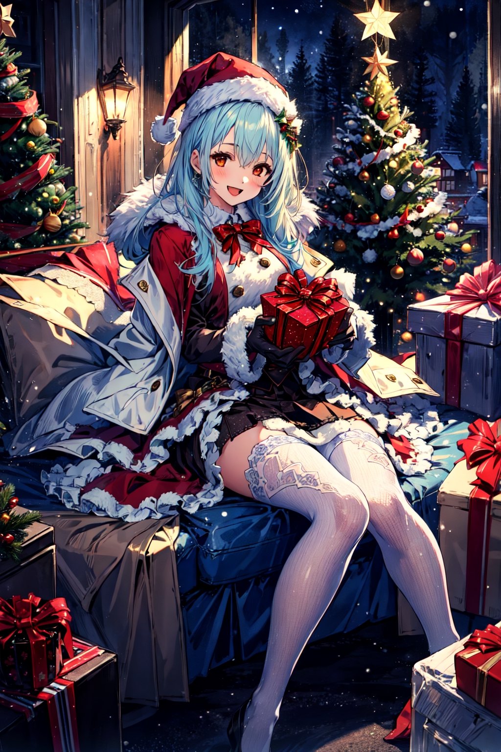 masterpiece,best quality,highres,cinematic lighting,dramatic angle,1girl,light blue hair,orange eyes,MiyakoChristmas,happy,,white and red dress,thick coat,fur trim,ribbons,bowtie,hat,pantyhose,gloves,holding gift box,christmas streetscape,christmas trees,stars,presenting gift box to viewer,:d,