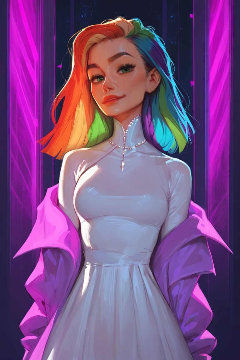 score_9, score_8_up, score_7_up, gorgeous woman, looking at viewer, long rainbow hair, green_eyes, light smirk, sheer dress, night city background, (detailed, detailed face)