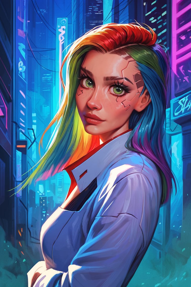 score_9, score_8_up, score_7_up, cyberpunk,  35 yo woman, looking at viewer, long straight rainbow hair, green_eyes, business clothes, night city background, (detailed, detailed face)