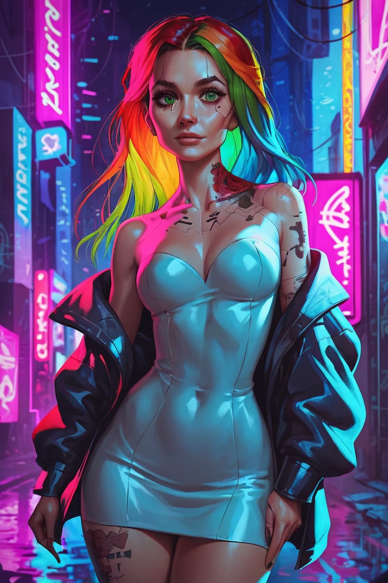 score_9, score_8_up, score_7_up, cyberpunk, pretty woman, looking at viewer, mischivious, long rainbow hair, tattoos, green_eyes, light makeup, casual clothes, perky breasts, wide hips, night city background, (detailed, detailed face)