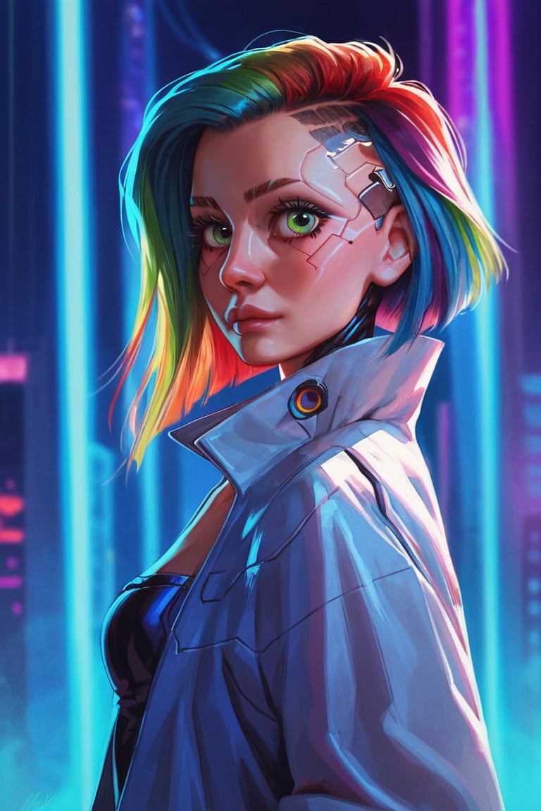 score_9, score_8_up, score_7_up, cyberpunk, pretty woman, looking at viewer, medium rainbow hair, green_eyes, casual clothes, night city background, (detailed, detailed face)