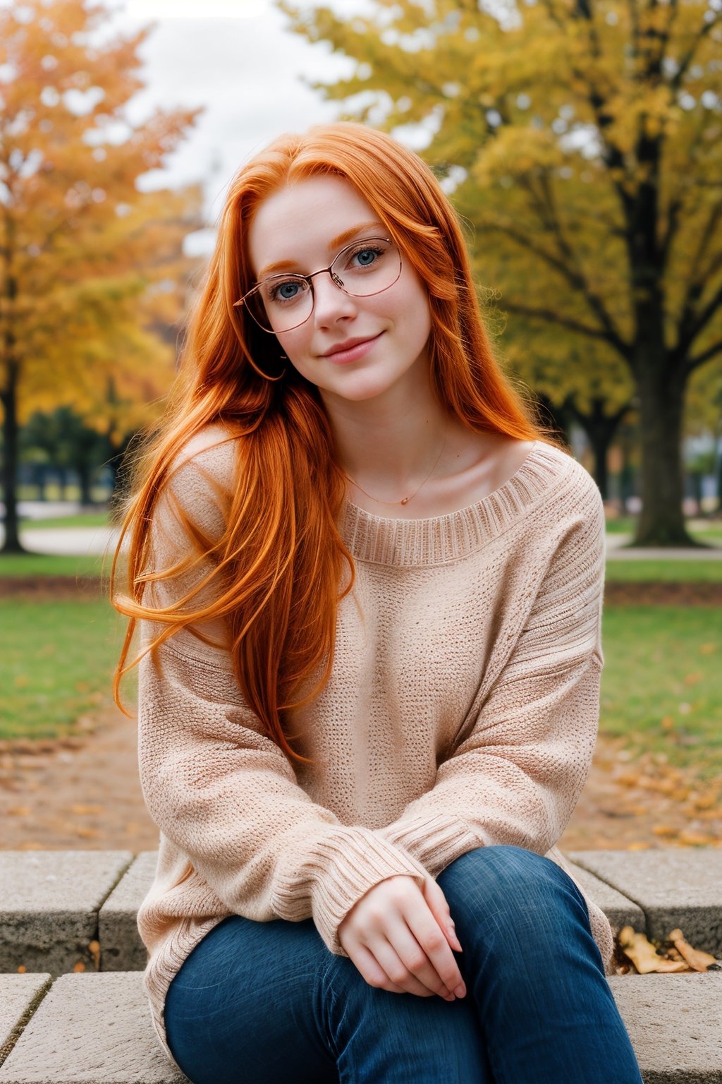 cute ginger girl, long hair with undercut, glasses, long sweater, casual clothes, sitting in a park, detailed skin, pore, low key, full body shot, masterpiece, best quality, photorealistic, raw photo
