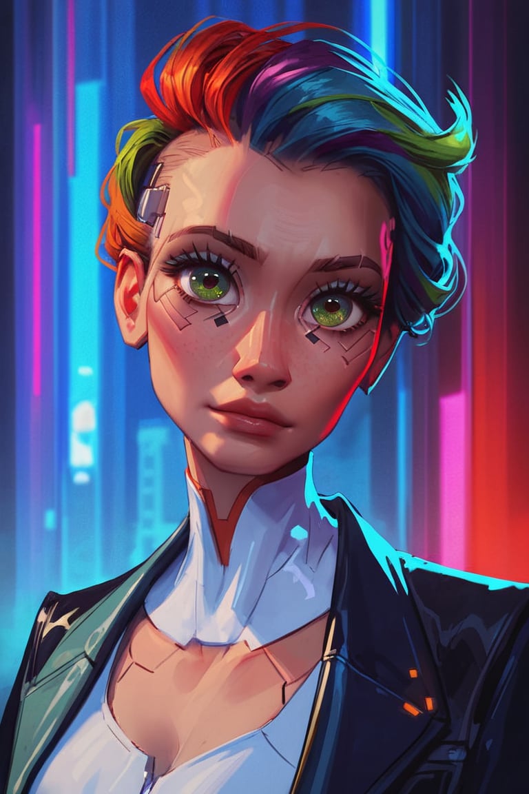 score_9, score_8_up, score_7_up, cyberpunk,  gorgeous woman, looking at viewer, long straight rainbow hair, green_eyes, business clothes, night city background, (detailed, detailed face)