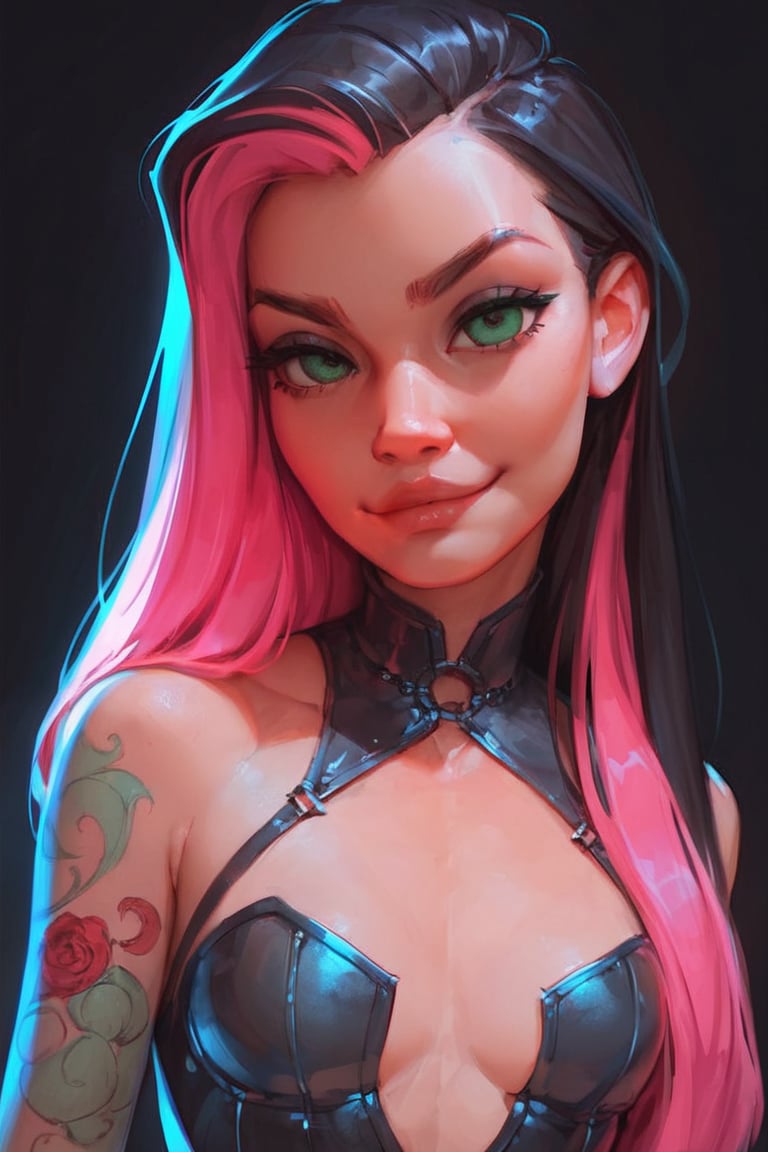 score_9, score_8_up, score_7_up, gorgeous woman, looking at viewer, long hair, bare shoulders, (black hair, pink hair, two-tone hair), tattoos, green eyes, full pouty lips, seductive smirk, red makeup, black background, small breasts, detailed explicit clothes, revealing clothes, looking at viewer