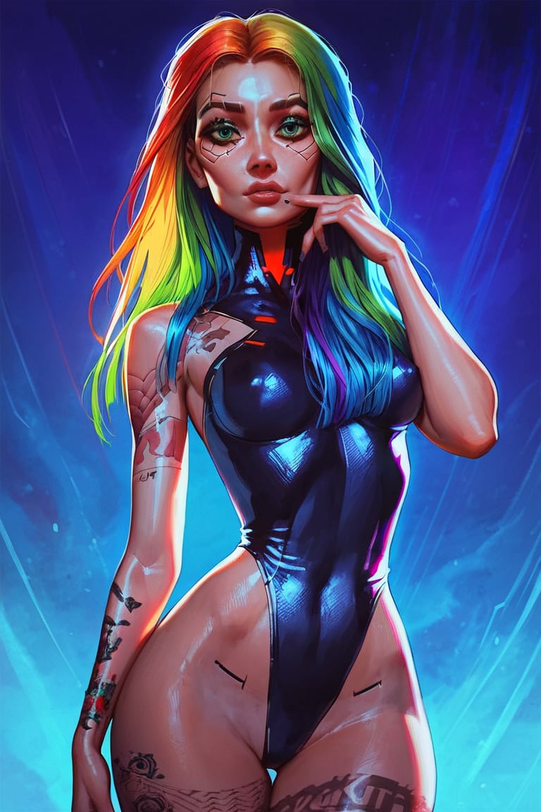 score_9, score_8_up, score_7_up, rating_explicit, sensual, cyberpunk, pretty woman, looking at viewer, mischivious, long rainbow hair, tattoos, green_eyes, light makeup, intricate clothes, perky breasts, wide hips, night city background, (detailed, detailed face)