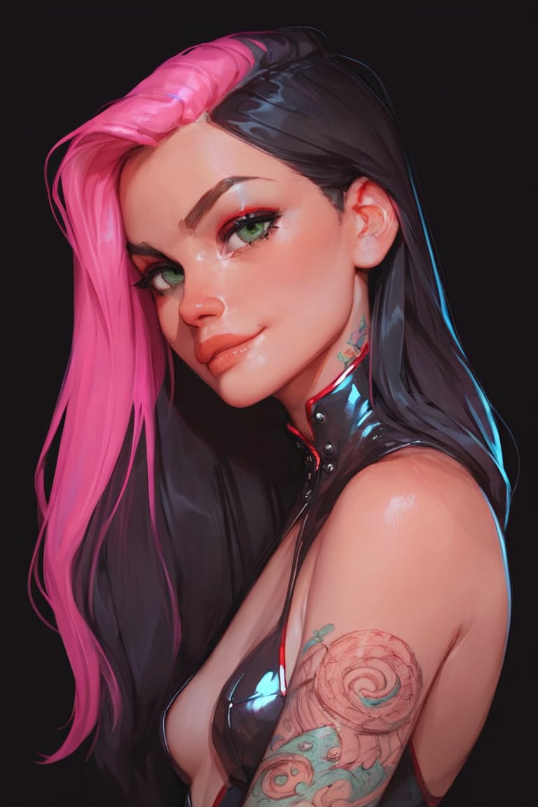 score_9, score_8_up, score_7_up, gorgeous woman, looking at viewer, long hair, bare shoulders, (black hair, pink hair, two-tone hair), tattoos, green eyes, full pouty lips, seductive smirk, red makeup, black background, small breasts, detailed explicit clothes, revealing clothes, looking at viewer