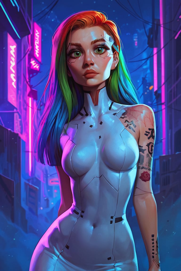 score_9, score_8_up, score_7_up, cyberpunk, pretty woman, looking at viewer, mischivious, long rainbow hair, tattoos, green_eyes, light makeup, casual clothes, perky breasts, wide hips, night city background, (detailed, detailed face)