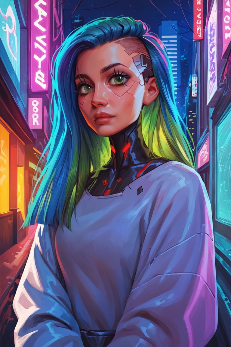 score_9, score_8_up, score_7_up, cyberpunk,  35 yo woman, looking at viewer, long straight rainbow hair, green_eyes, business clothes, night city background, (detailed, detailed face)