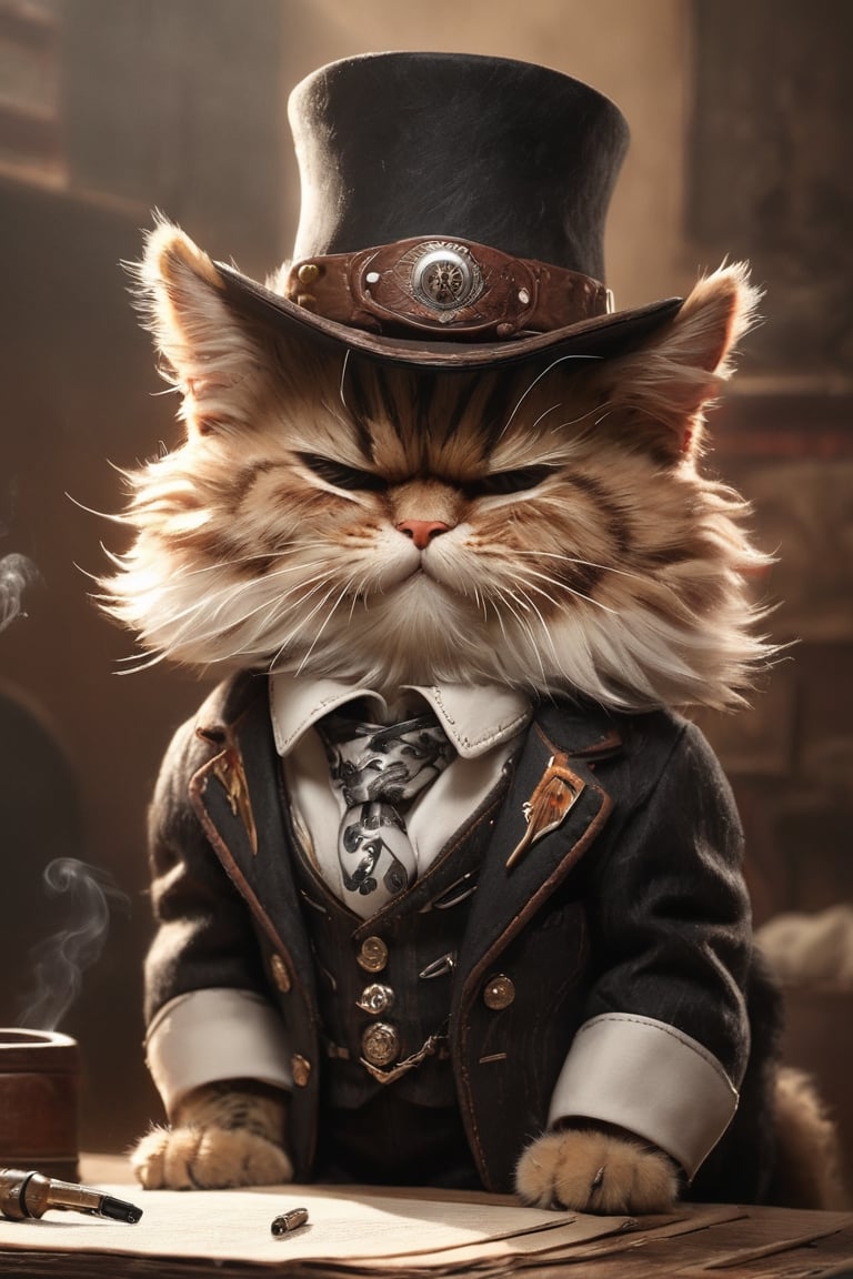 (masterpiece, best quality, professional photo, realistic), angry cat cowboy, professional, serious, detailed suit, smoking, cowboy hat, detailed fur, epic background
