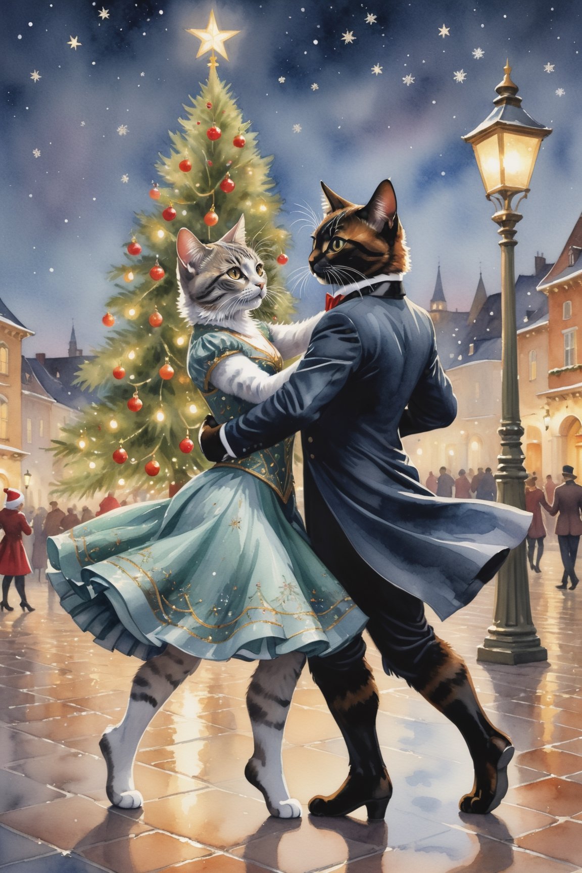 ((full body)) Photo, 2 cats dancing tango near a christmas tree in a town square, wearing intricate clothes, looking at each other. christmas theme. evening, street lights. digital art, 8K resolution, ultra quality, Watercolor, intricate details, highly detailed, greg rutkowski, more detail XL