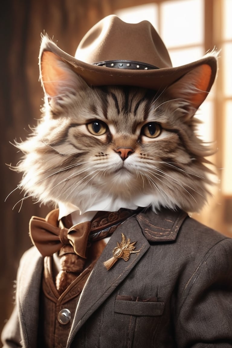 (masterpiece, best quality, professional photo, realistic), cat cowboy, professional, serious, detailed suit, cowboy hat, detailed fur, epic background