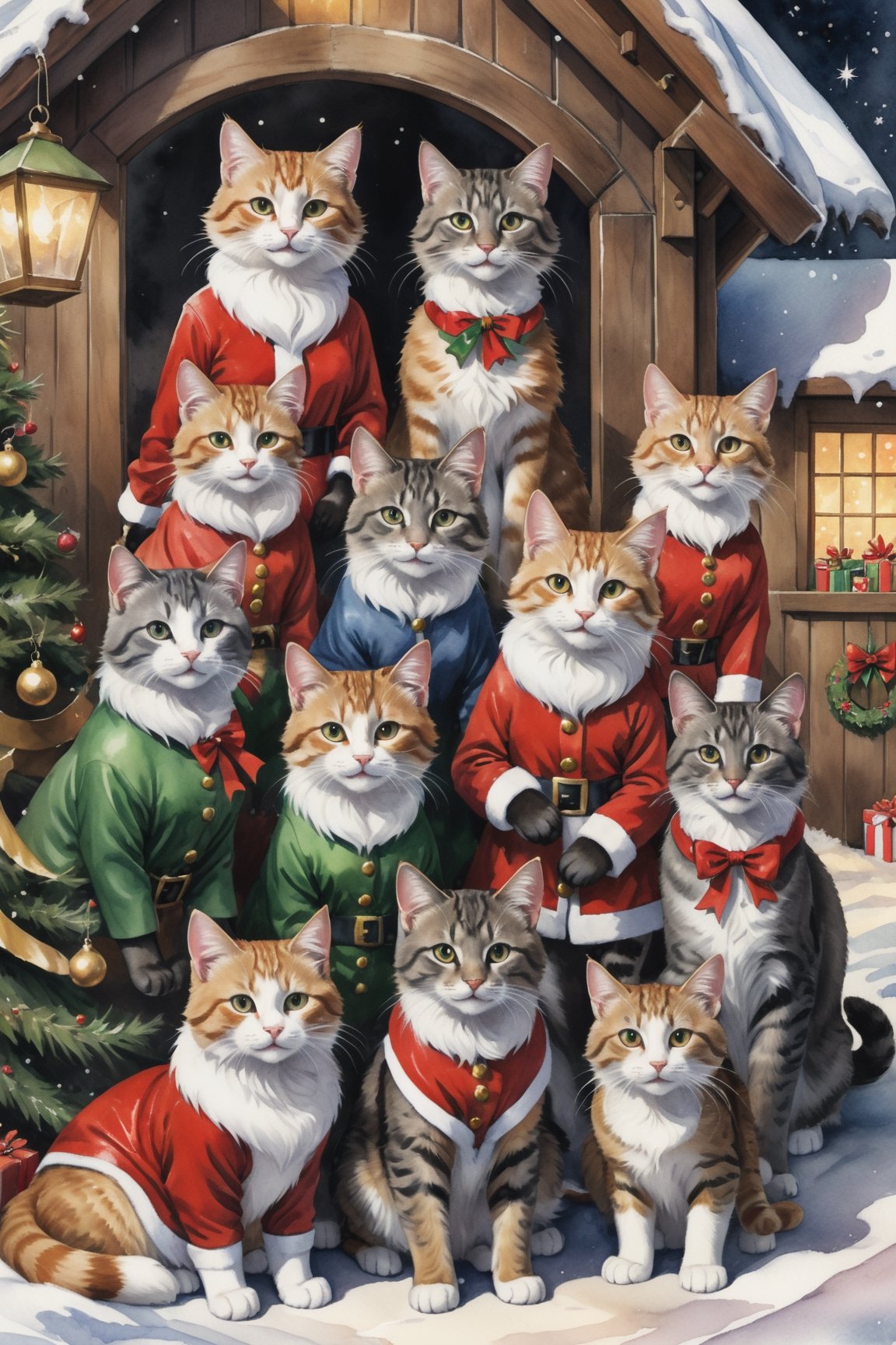 ((full body)) Photo, a group of happy cats. wearing christmas outfit. santa's workshop. digital art, 8K resolution, ultra quality, Watercolor, intricate details, highly detailed, greg rutkowski, more detail XL