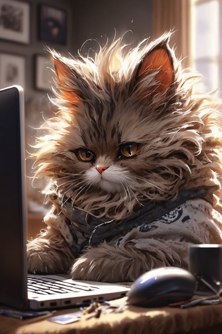 (masterpiece, best quality, professional photo, realistic), serious cat hacker, detailed computer, detailed fur, messy room background