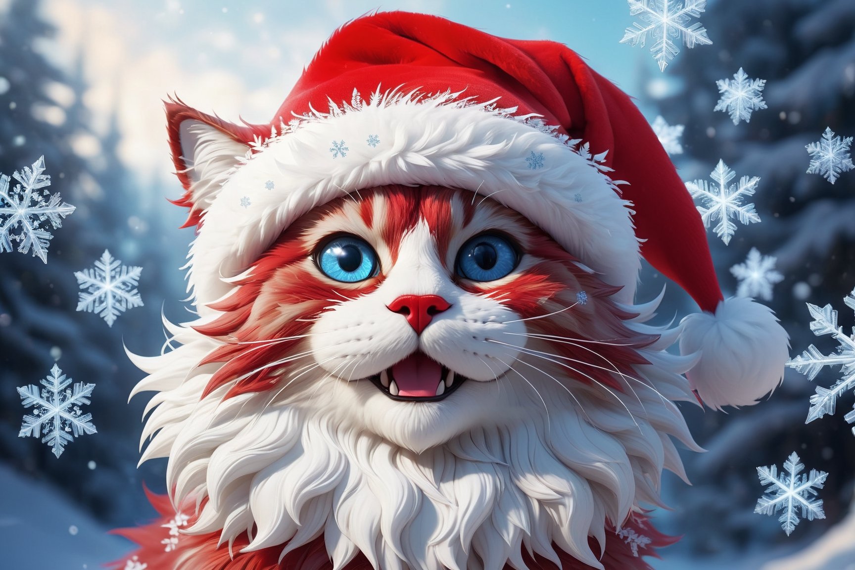 (masterpiece, high quality, insanely beautiful), happy cat-like creature made of (glassy snowflakes), red_santa_hat, glassy fur, fantasy scene, semi-transparent, reflexions, fisheye lenses effect, global illumination, best geometry