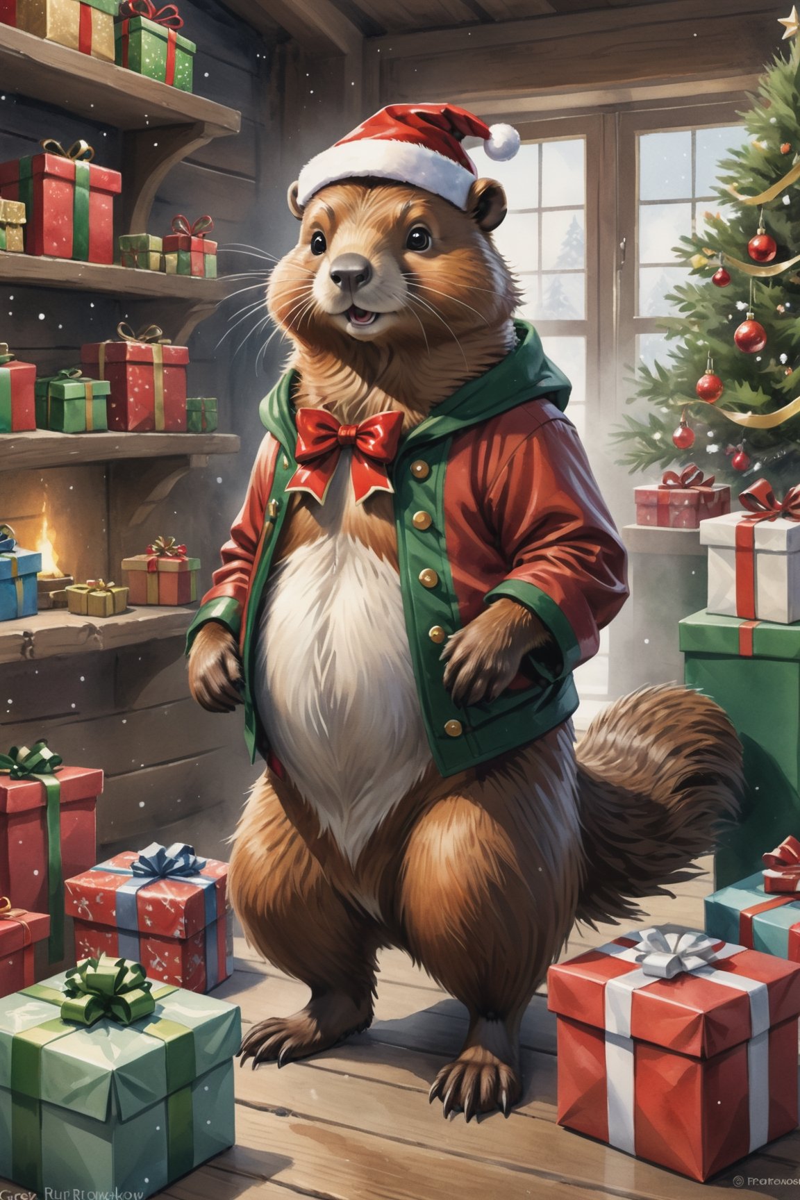 ((full body)) Photo, a beaver. wearing christmas outfit. packing presents, santa's workshop. digital art, 8K resolution, ultra quality, Watercolor, intricate details, highly detailed, greg rutkowski, more detail XL