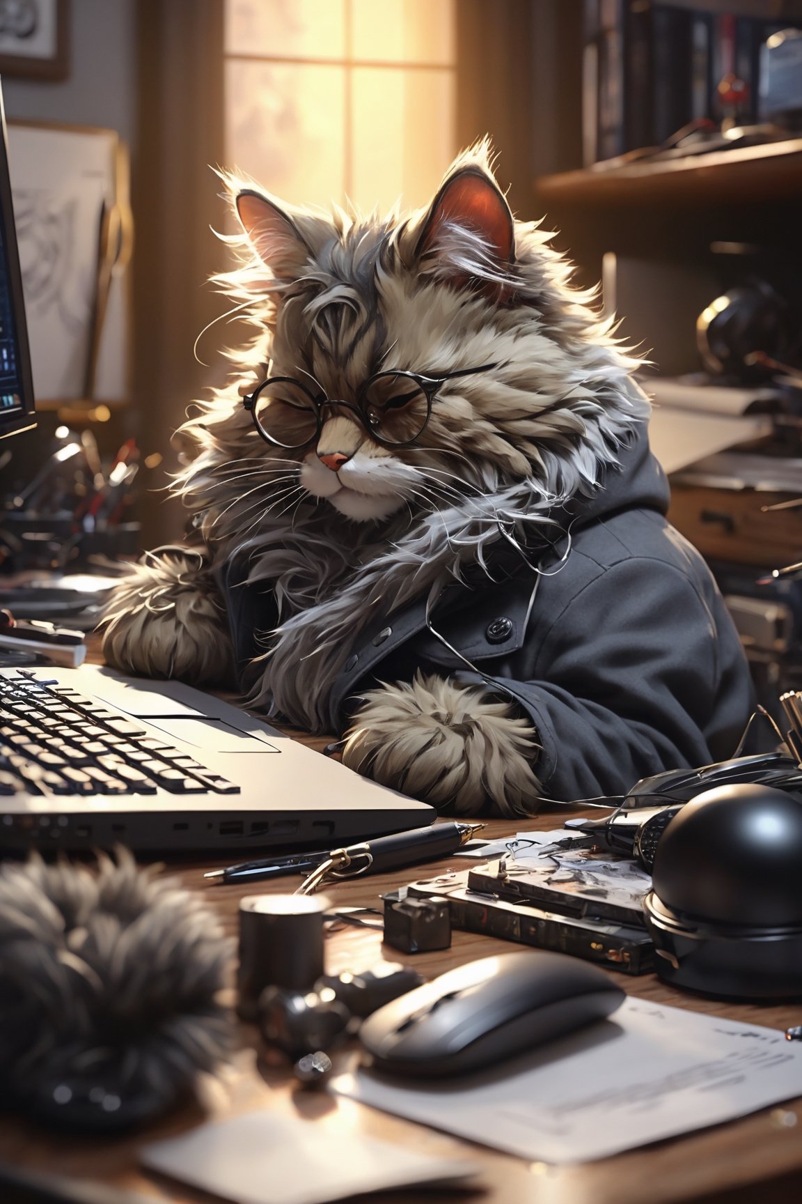 (masterpiece, best quality, professional photo, realistic), sleepy cat hacker, professional, detailed computer, detailed fur, messy room background