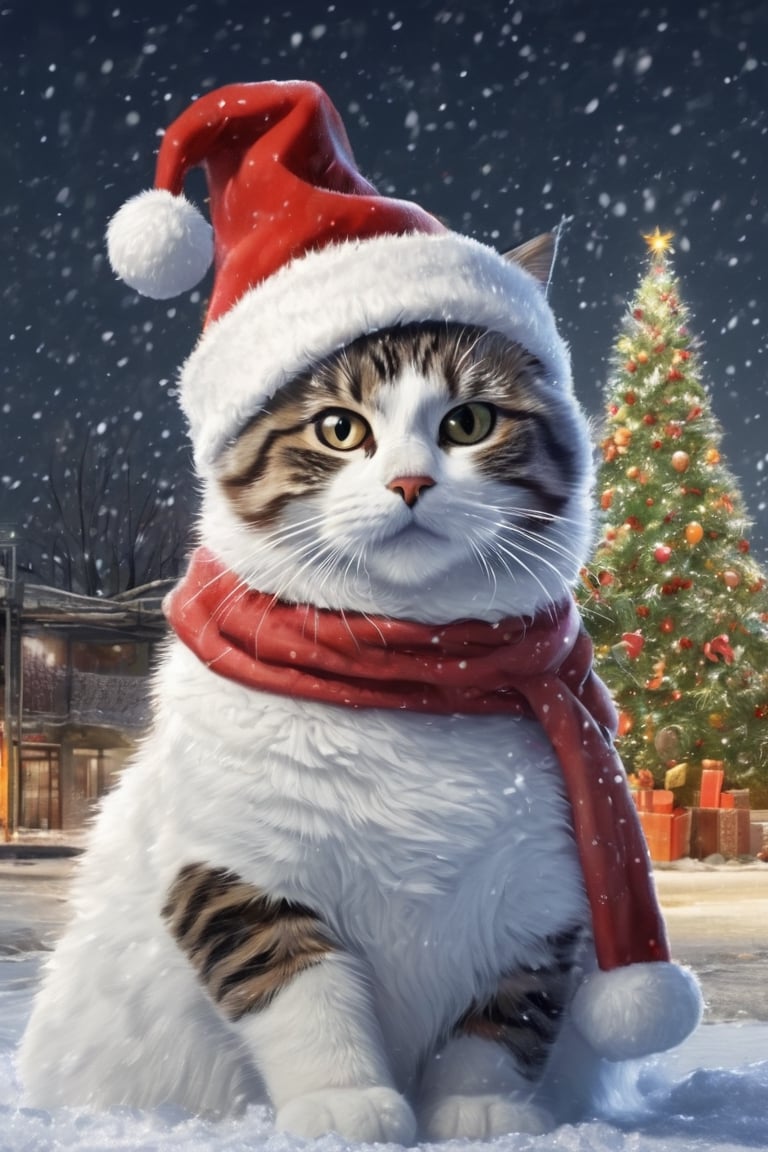 masterpiece, best quality, cat snowman, wearing santa's hat, christmas tree, presents, snow, night, industrial site background, ultra-realistic, very high detail