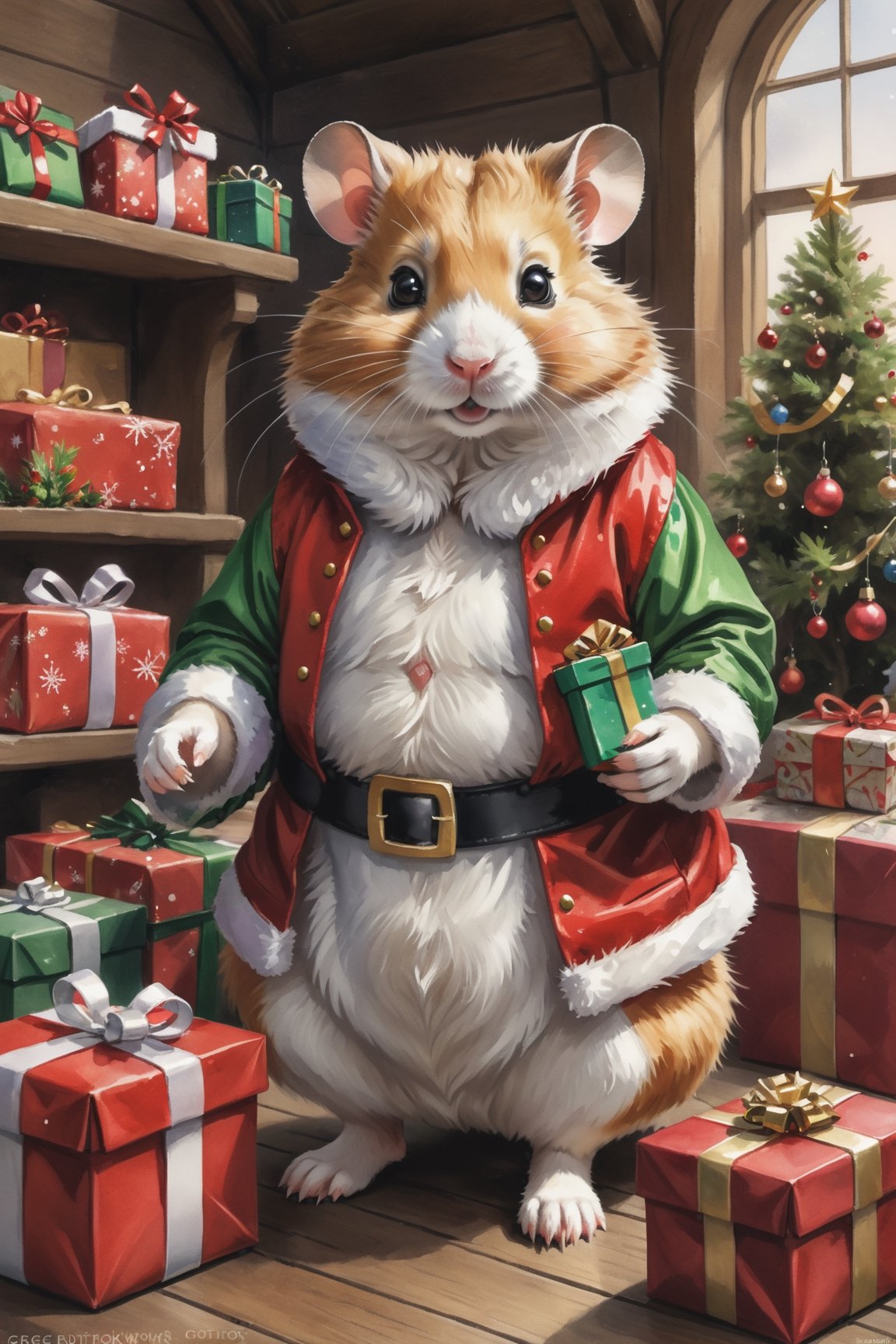 ((full body)) Photo, a hamster. wearing christmas outfit. packing presents, santa's workshop. digital art, 8K resolution, ultra quality, Watercolor, intricate details, highly detailed, greg rutkowski, more detail XL