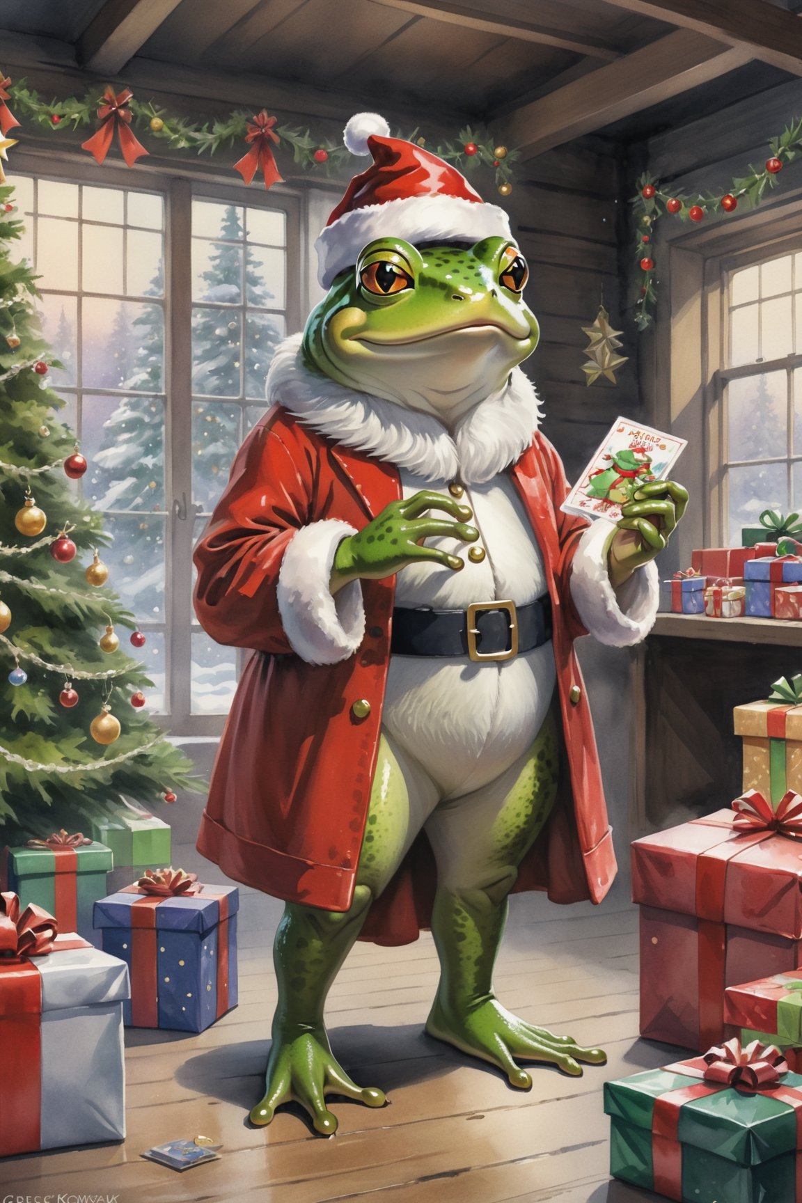 ((full body)) Photo, a frog. wearing christmas outfit. packing presents, santa's workshop. digital art, 8K resolution, ultra quality, Watercolor, intricate details, highly detailed, greg rutkowski, more detail XL