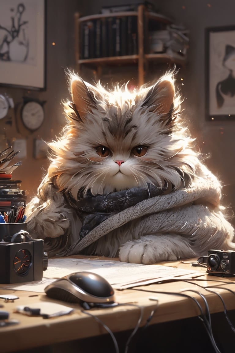(masterpiece, best quality, professional photo, realistic), cat hacker, professional, serious, detailed computer, detailed fur, messy room background