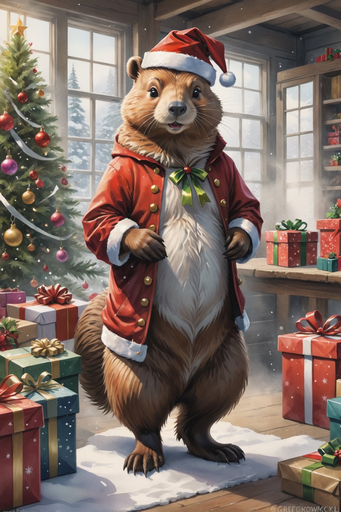 ((full body)) Photo, a beaver. wearing christmas outfit. packing presents, santa's workshop. digital art, 8K resolution, ultra quality, Watercolor, intricate details, highly detailed, greg rutkowski, more detail XL