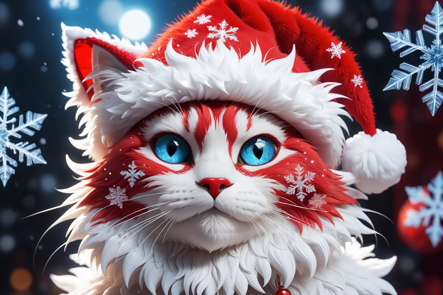 (masterpiece, high quality, insanely beautiful), happy cat-like creature made of (glassy snowflakes), red_santa's hat, glassy fur, fantasy scene, semi-transparent, reflexions, fisheye lenses effect, global illumination, best geometry