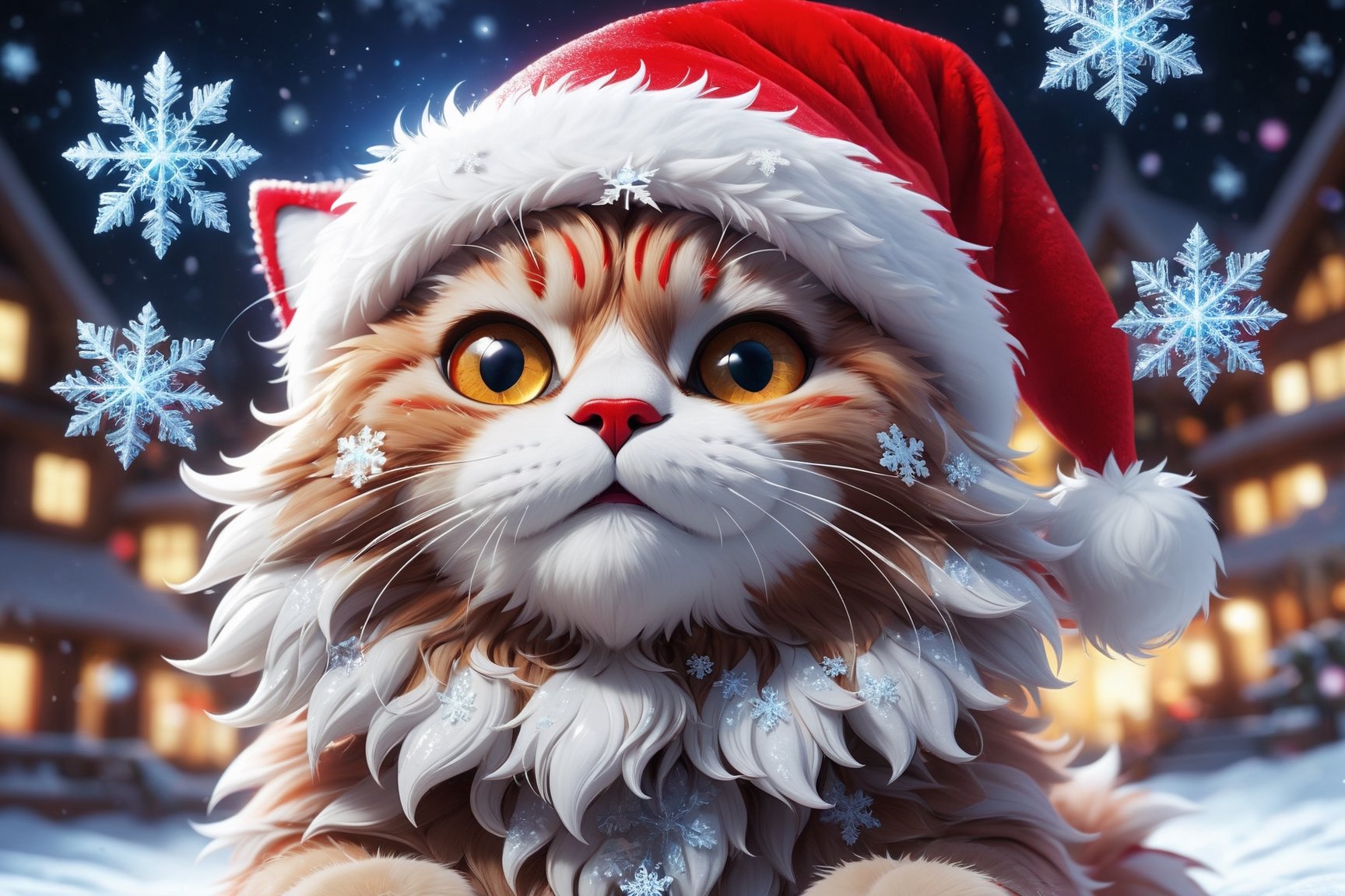 (masterpiece, high quality, insanely beautiful, wide-angle), happy cat-like creature made of (sparkly glassy snowflakes), red_santa_hat, glassy fur, fantasy scene, semi-transparent, reflexions, fisheye lenses effect, global illumination, best geometry