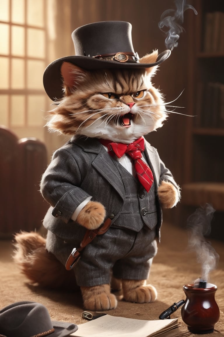 (masterpiece, best quality, professional photo, realistic), angry cat cowboy, professional, serious, detailed suit, detailed smoking pipe, cowboy hat, detailed fur, epic background
