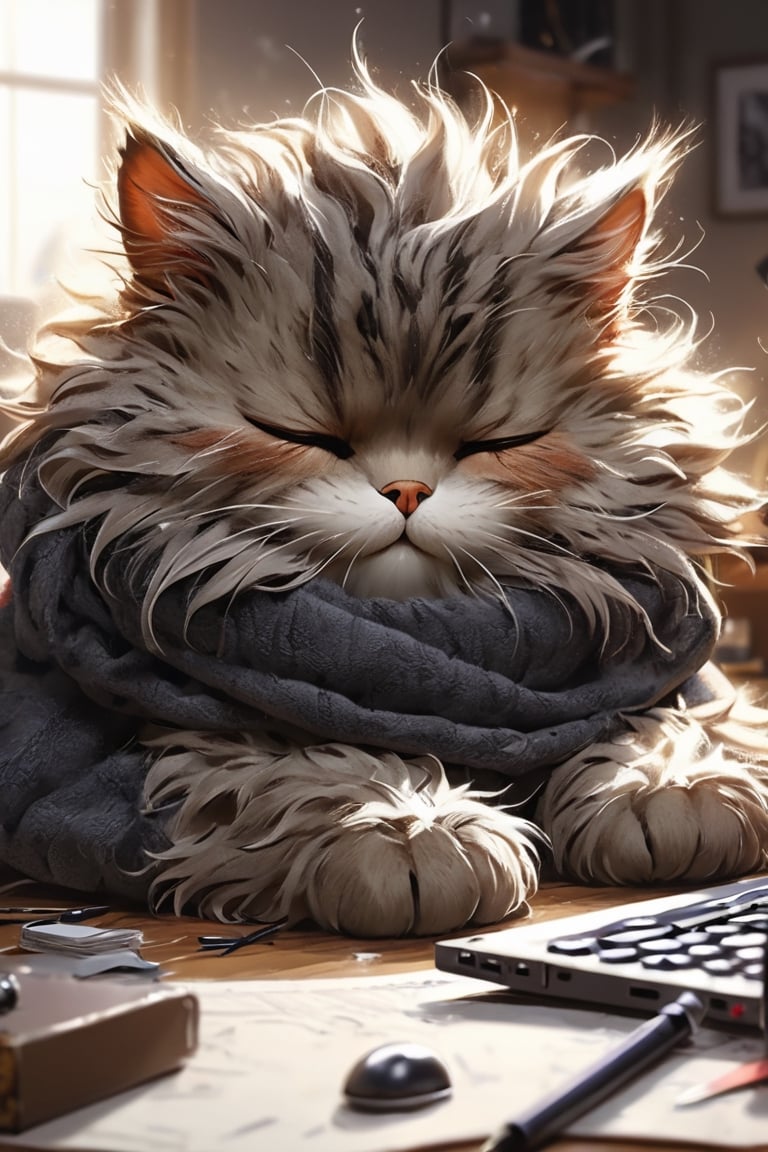 (masterpiece, best quality, professional photo, realistic), sleepy cat hacker, professional, detailed computer, detailed fur, messy room background