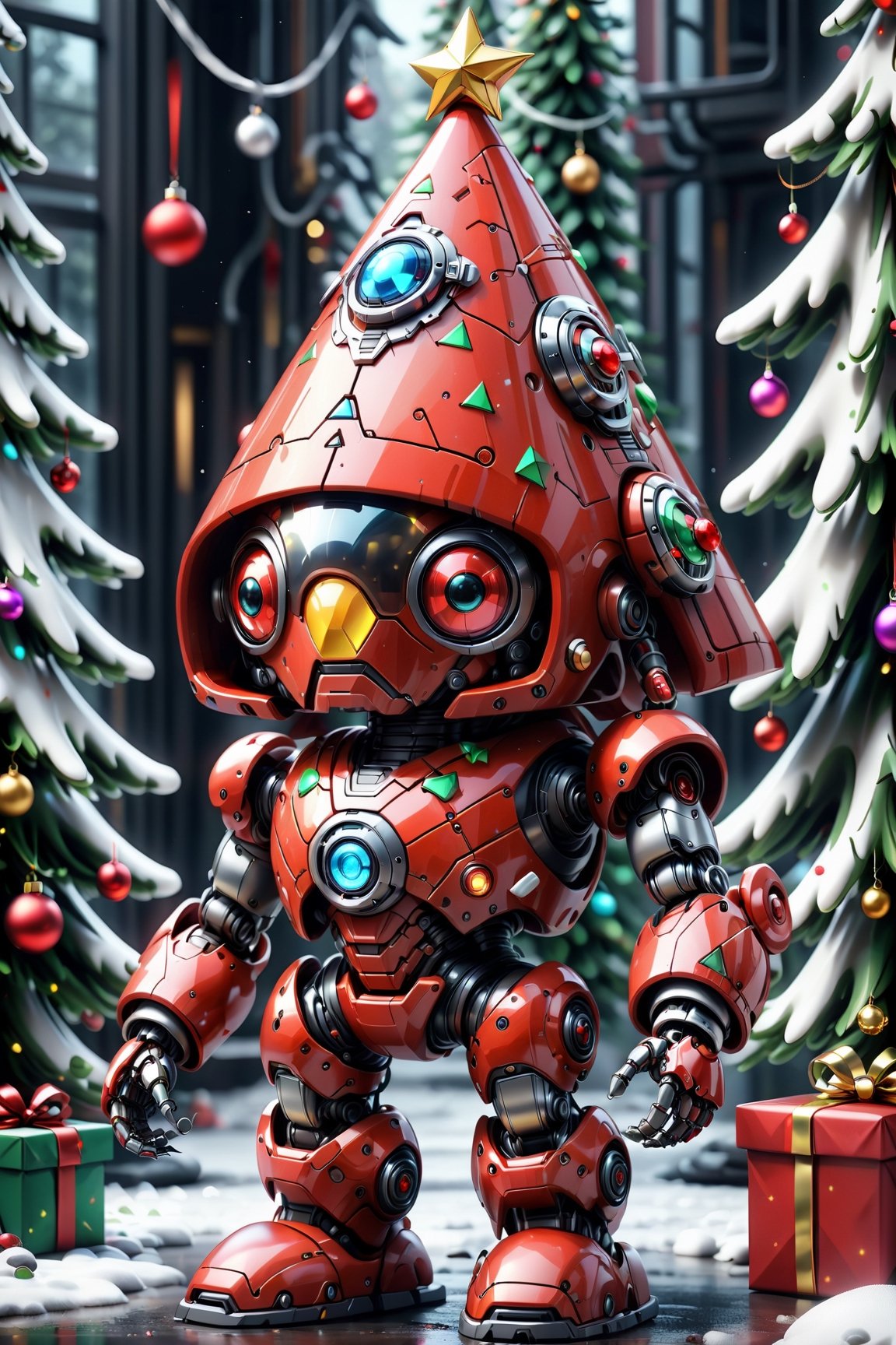 [cute christmas present triangle] red robot, frostracetech, cyborg style, (Christmas theme, Christmas tree)