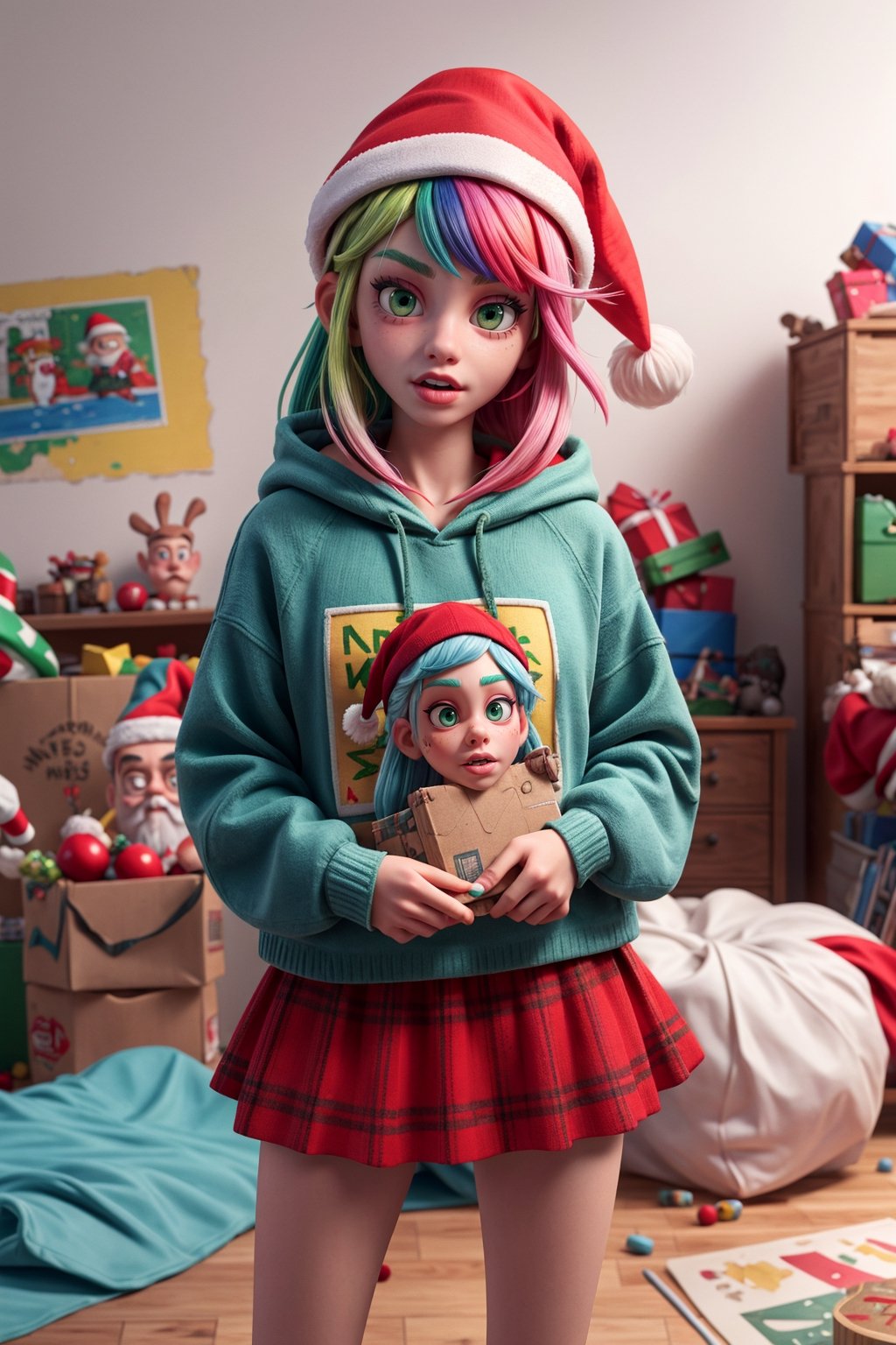 Photo of punk girl with a present, long rainbow hair, green_eyes, santa hoodie, skirt, red santa's hat, in a messy room, RAW photo, analog style, beauty, black contour lipstick, Realism,  photorealistic, Detailedface, 3DMM