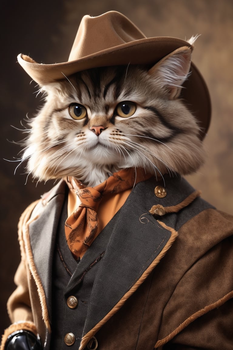 (masterpiece, best quality, professional photo, realistic), cat cowboy, professional, serious, detailed suit, cowboy hat, detailed fur, epic background