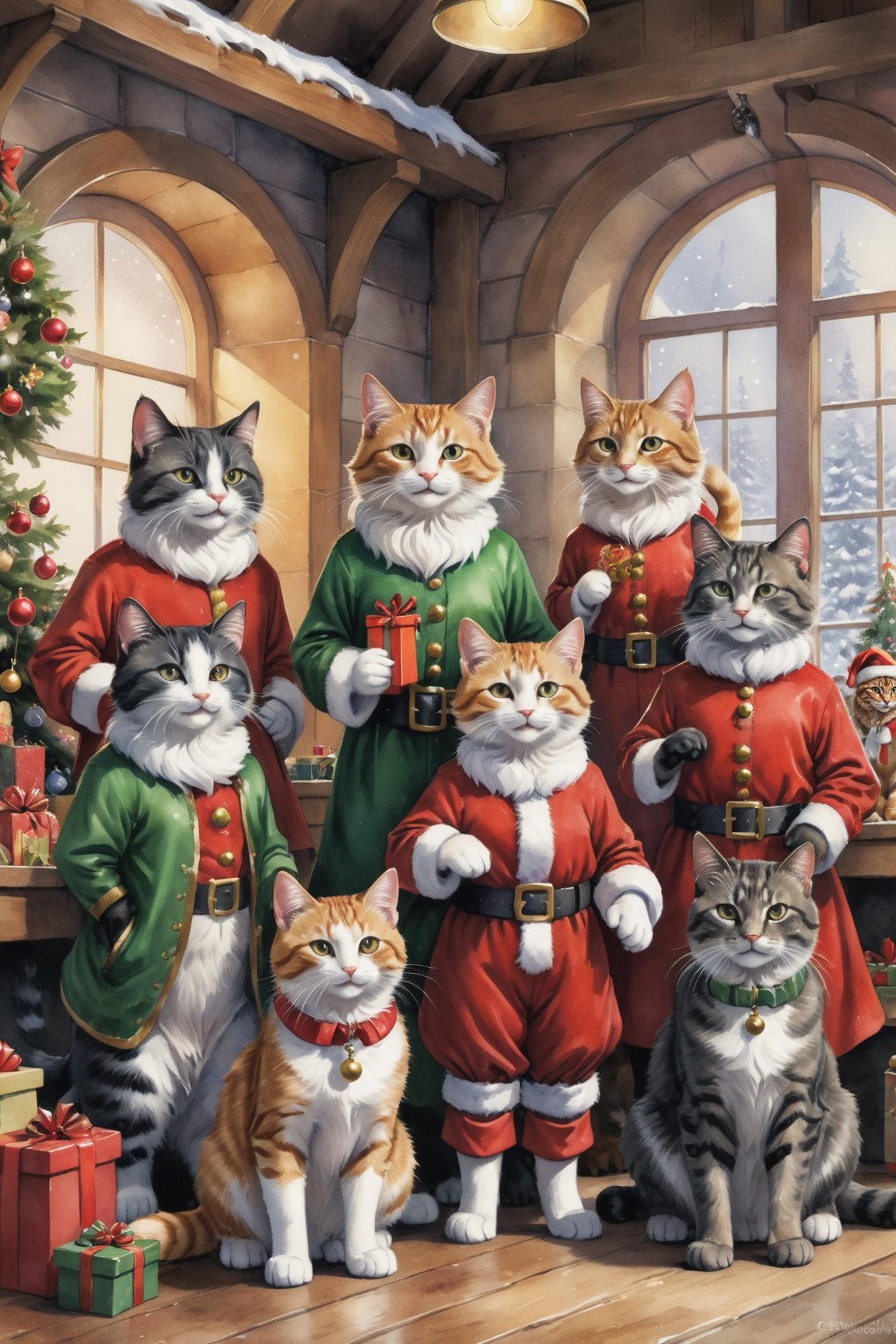 ((full body)) Photo, a group of happy cats. wearing christmas outfit. santa's workshop. digital art, 8K resolution, ultra quality, Watercolor, intricate details, highly detailed, greg rutkowski, more detail XL