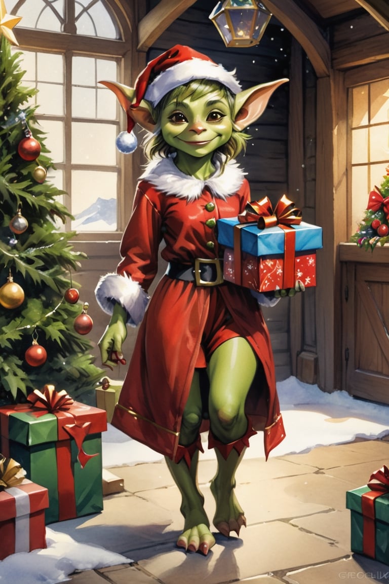 ((full body)) photo of young happy female goblin. wearing christmas outfit. holding a present. santa's workshop. digital art, 8K resolution, ultra quality, Watercolor, intricate details, highly detailed, greg rutkowski, more detail XL