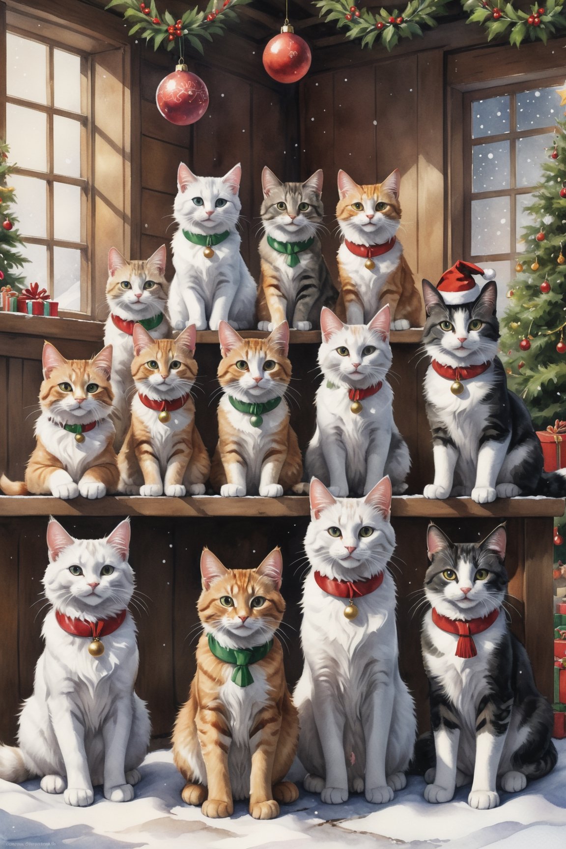 ((full body)) Photo, a group of happy cats. wearing christmas outfit. santa's workshop. digital art, 8K resolution, ultra quality, Watercolor, intricate details, highly detailed, greg rutkowski, more detail XL