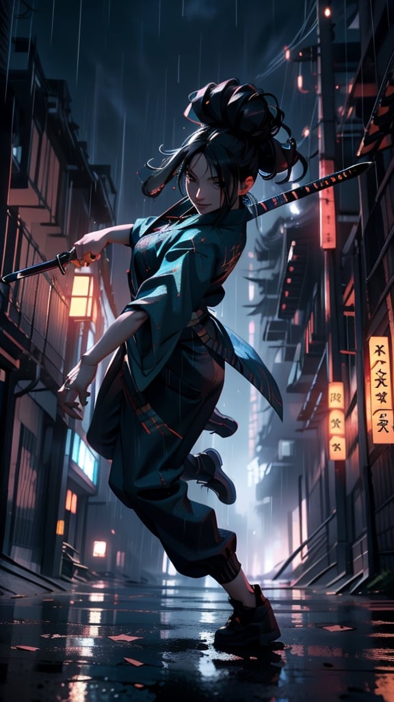 full body shot, 
masterpiece, best quality, hires, high resolution, extremely detailed, realistic, intricate details, highres, dynamic pose, 
1girl, solo, dark hair, bun hair, light smile, smooth skin, detailed skin, (medium breasts, beautiful thighs), 
wearing a black samurai outfit, (hand around sword handle), 
fighting stance, jumping in the sky, looking at the viewer, 
outdoors,  heavily raining, complex background, 1720s Japanese street, dirt road, dark skies, moonlight, cinematic lighting, perfect lighting, bloom ,Samurai girl,perfect,dendra pokemon