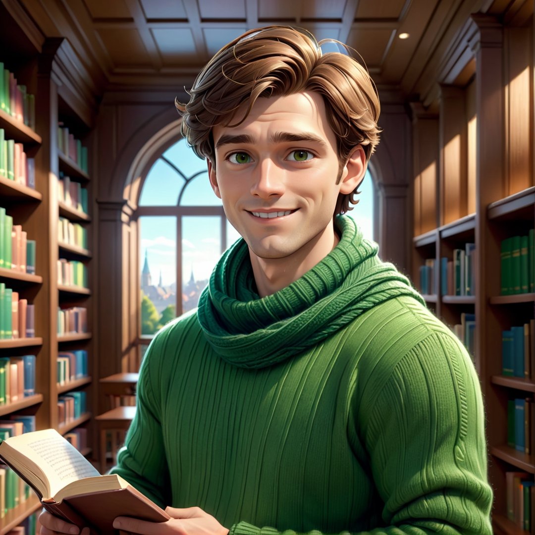 masterpiece artwork, best quality,  

Cartoon Illustration, 
 A handsome man named Caleb, and brown hair, clean face, wearing a green sweater, and a scarf, smiling, and reading a book, in a library, portrait,

8k, octane render, natural lighting, hyperrealistic, 
3d cartoon, extremely detailed, dynamic angle, 
magic, surreal, fantasy, digital art, UHD, cinematic perfect light,