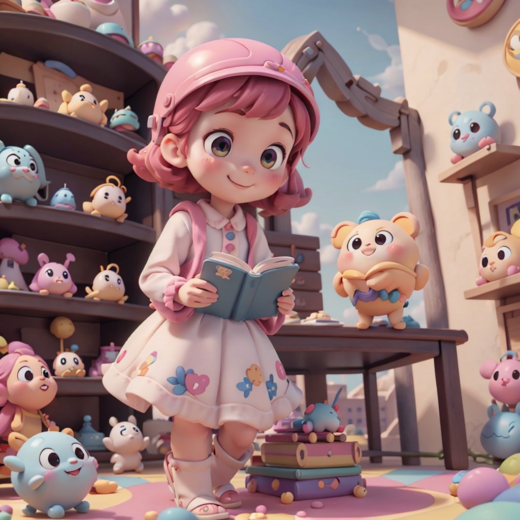 Cartoon Illustration of Emma, a small girl with pink curly hair, bright eyes, and a cute helmet, holding an English dictionary, cute, beautiful, innocent, and smiling, in a futuristic cityscape to enhance the sense of the future.
floating English letters, a floating cloud library, and radiant brain-shaped machines to convey a modern feel to English learning. 
Include open books with colorful English words, pictures, or learning cues to represent the richness of learning. Use bright and lively colors, and add distinctive elements such as a logo for "HappyBrain English Lab" Please write in English.
3d cartoon, extremely detailed, dynamic angle, 
Pixar style, Ghibli Studio, 
8k, octane render, 
natural lighting, hyperrealistic, masterpiece artwork, best quality, 

baby face, DonMF41ryW1ng5 ,DonML34f, organic,Clay Animation,candyland,kawaiitech