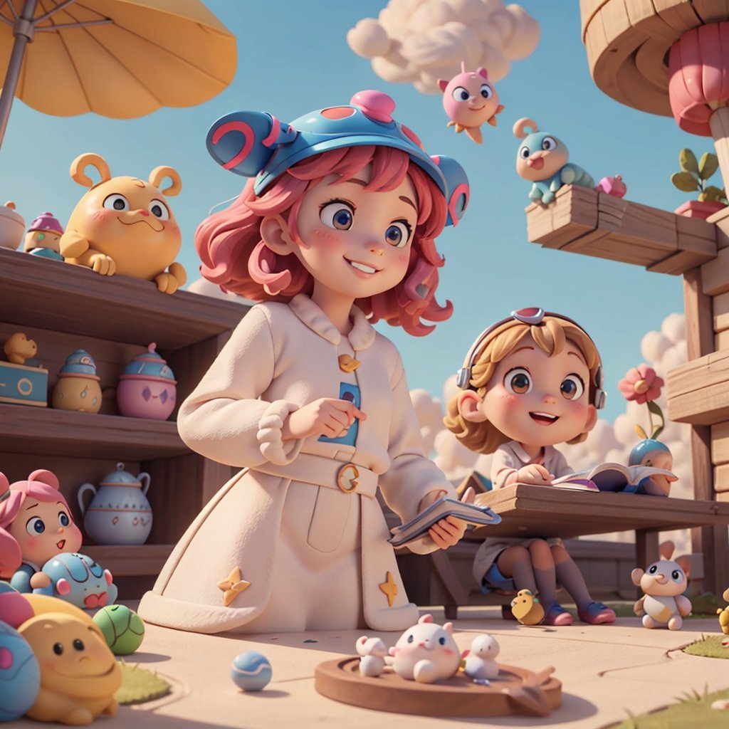 Cartoon Illustration of Emma, a small girl with pink curly hair, bright eyes, and a cute helmet, holding an English dictionary, cute, beautiful, innocent, and smiling, in a futuristic cityscape to enhance the sense of the future.
floating English letters, a floating cloud library, and radiant brain-shaped machines to convey a modern feel to English learning. 
Include open books with colorful English words, pictures, or learning cues to represent the richness of learning. Use bright and lively colors, and add distinctive elements such as a logo for "HappyBrain English Lab" Please write in English.
3d cartoon, extremely detailed, dynamic angle, 
Pixar style, Ghibli Studio, 
8k, octane render, 
natural lighting, hyperrealistic, masterpiece artwork, best quality, 

baby face, DonMF41ryW1ng5 ,DonML34f, organic,Clay Animation,candyland,