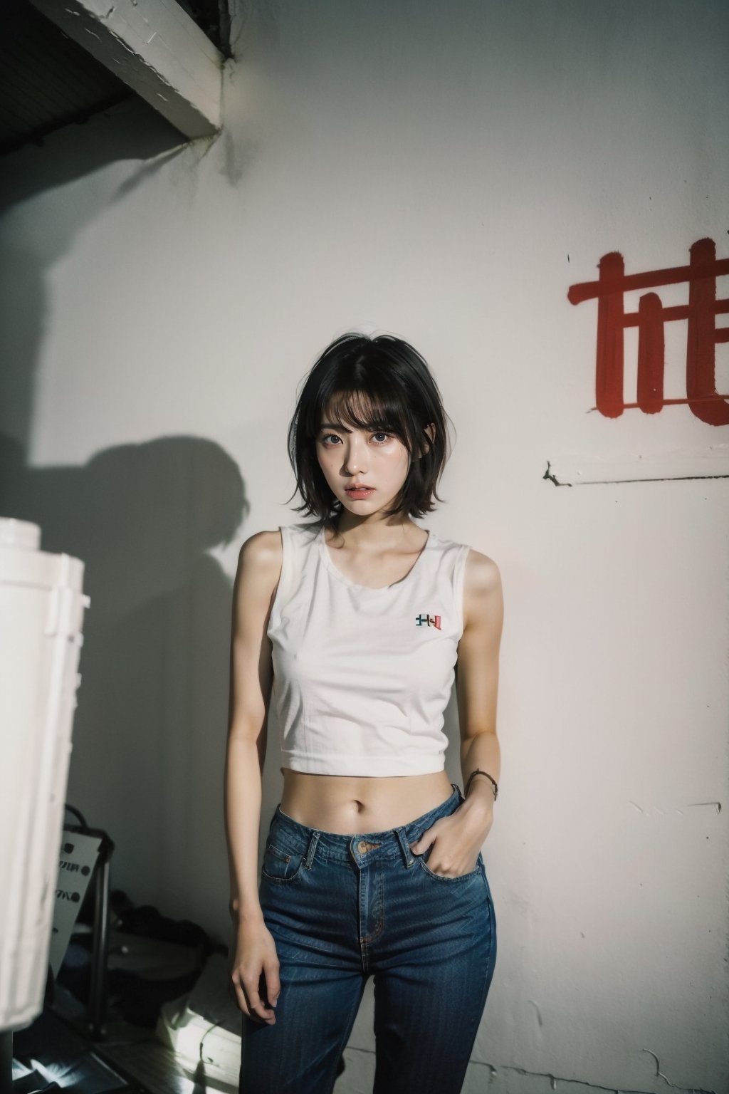 (1 cute Japanese girl), 13 year-old, 
skinny, shy, short hair, expressionless, 
portrait,
skinny short jeans, with a cute white sleeveless shirt,  ((without makeup)), 

(dim lighting),
inside of the ruins of the factory, 
graffiti on the wall,  

Lomo-style photograph,
hyper-detailed, masterpiece, 8 K,  
rodenstock sironar-n, 210mm f/5.6, kodak t-max100, large format camera, 
created by Rinko Kawauchi, Osamu Yokonami, 

Nice legs and hot body