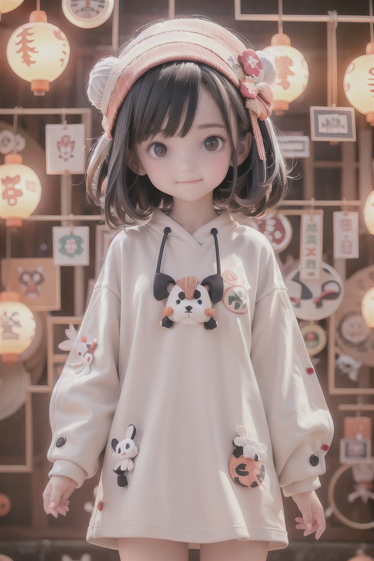  a big eyes beautiful little girl,  wearing warm clothes,  smiling happily,  so cute and sweet,  HD 8k,,black-hair,stuffed bunny,short-hair,firefliesfireflies,,sntdrs,color