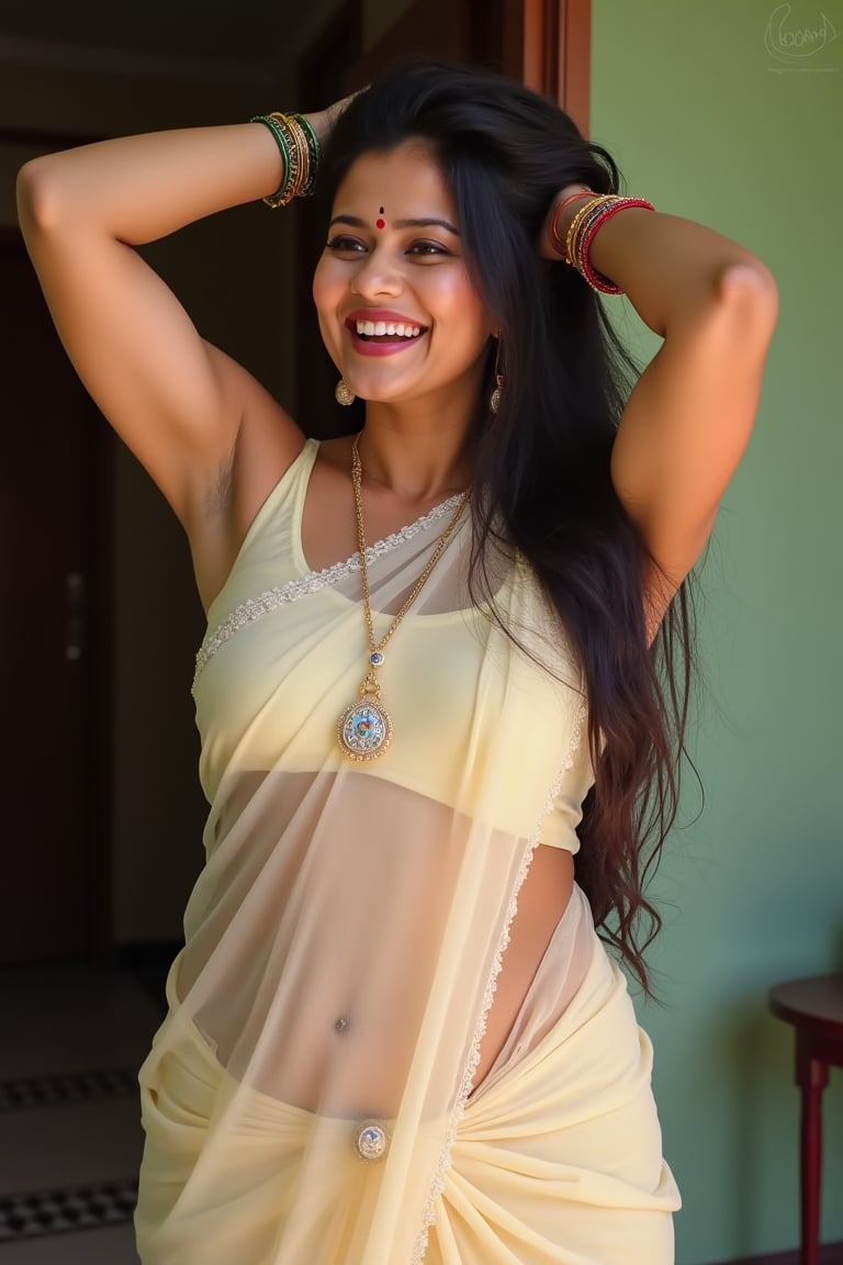 beautiful woman,modern house wife, 2020, sheer sari, decent, navel seen through saree, casual perfect saree,covered legs,belly button,navel pierced with blue jewel, bright skin, toned body, model,arms up, ruffling own hair playfully, laughing, hands behind head,mom, buxom,sindhoor on forehead,kunkum,clearly transparent midriff,bangles, 