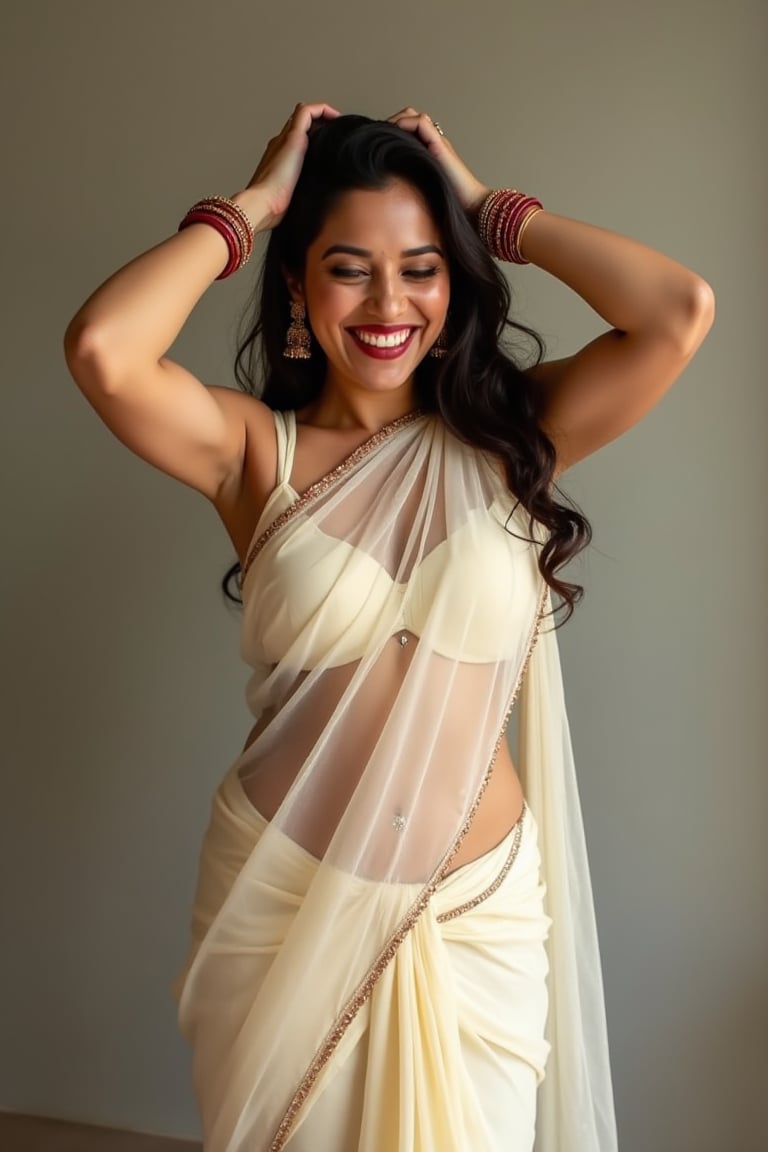 beautiful woman,modern house wife, 2020, sheer sari, decent, navel seen through saree, casual perfect saree,covered legs,belly button,pierced navel, bright skin, toned body, model,arms up, ruffling own hair playfully, laughing, hands behind head,mom, buxom,sindhoor,bangles, 