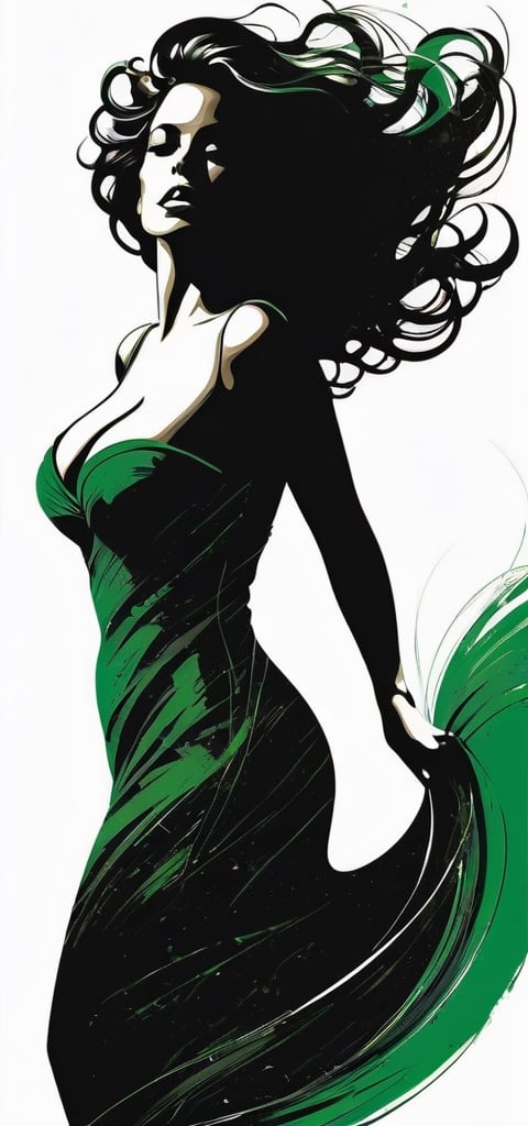 masterpiece, enormous boobs, high quality photo, RAW photo, 16K, high contrast, silhouette art poster, elegant Latina, perfect body, huge breasts wearing black dress, hair blowing in the wind, black background, (green outline drawing on white background),silhouette, painted by Jackson Pollock,