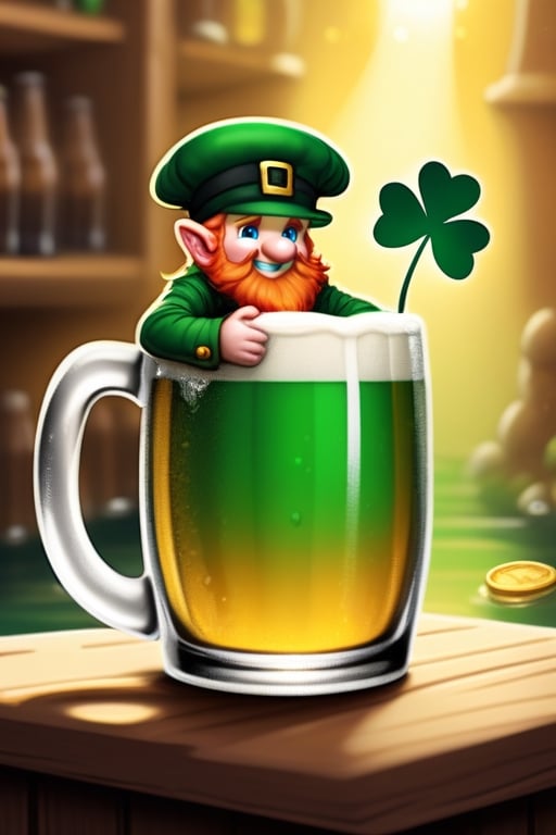 a tiny leprechaun swimming in a beer mug