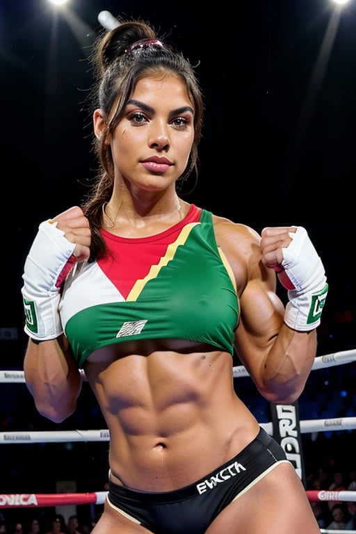 1girl, 25yo, dark Hispanic skin, (muscular:1.6), boxer, gloves, Wearing Mexican flag sportswear, boxing ring, punching

The crowd is cheering in the stadium behind her