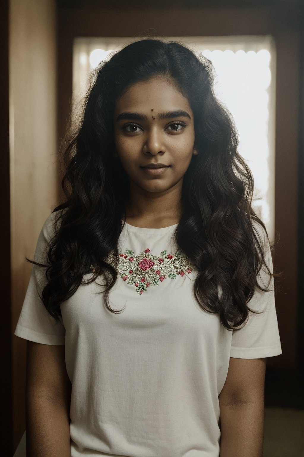 20 year old mallu woman, long curly brown hair,  front view, movie scene, cinematic, high-quality, ultra-detailed, professionally color graded, professional photography.  ( hard light:1.2), (volumetric:1.2), well-lit, double exposure, award-winning photograph, dramatic lighting, dramatic shadows, illumination, long shot, wide shot, full body, at studio, smart watch on left hand, happy_face,  embroidered traditional indian dress,Mallu girl,Mallu girl ,1girl