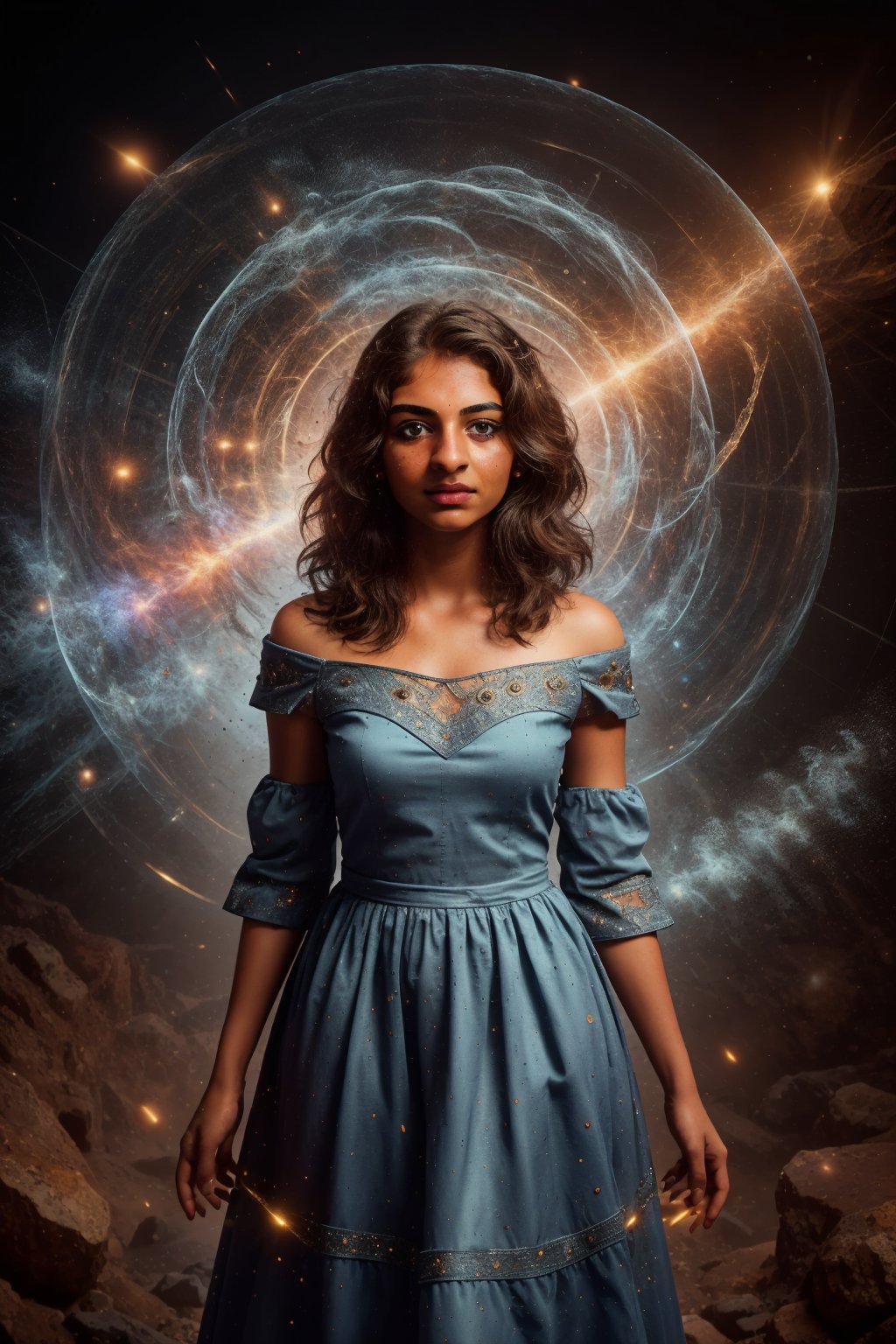 A girl standing inside a Magic realms, no in earth, other dark world, magic dress, gown, multtiunivere, infinity, infinity stones, (boy  hair cut ) picture perfect,   detailed body,  (realistic ambient light,  perfect body,  light freckle,  realistic details,  beautiful oblong face,  extremely high quality RAW photograph,  detailed background,  intricate,  exquisite details and textures,  highly detailed,  ultra detailed photograph,  warm lighting,  4k,  sharp focus,  high resolution,  detailed skin,  detailed light blue cat eyes,  8k uhd,  dslr,  high quality,  film grain,  Fujifilm XT3, full body portrait, looking_at_the_viewer, 
,perfect,Mallu girl ,explosionmagic 