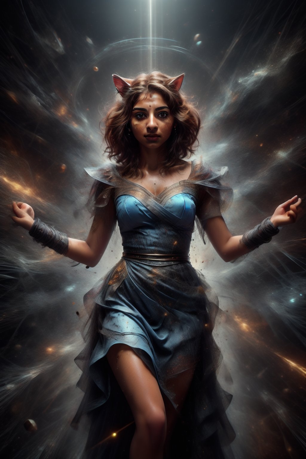 A girl standing inside a Magic realms, no in earth, other dark world, magic dress, gown, multtiunivere, infinity, infinity stones, (boy  hair cut ) picture perfect,   detailed body,  (realistic ambient light,  perfect body,  light freckle,  realistic details,  beautiful oblong face,  extremely high quality RAW photograph,  detailed background,  intricate,  exquisite details and textures,  highly detailed,  ultra detailed photograph,  warm lighting,  4k,  sharp focus,  high resolution,  detailed skin,  detailed light blue cat eyes,  8k uhd,  dslr,  high quality,  film grain,  Fujifilm XT3, full body portrait, looking_at_the_viewer, 
,perfect,Mallu girl ,explosionmagic 