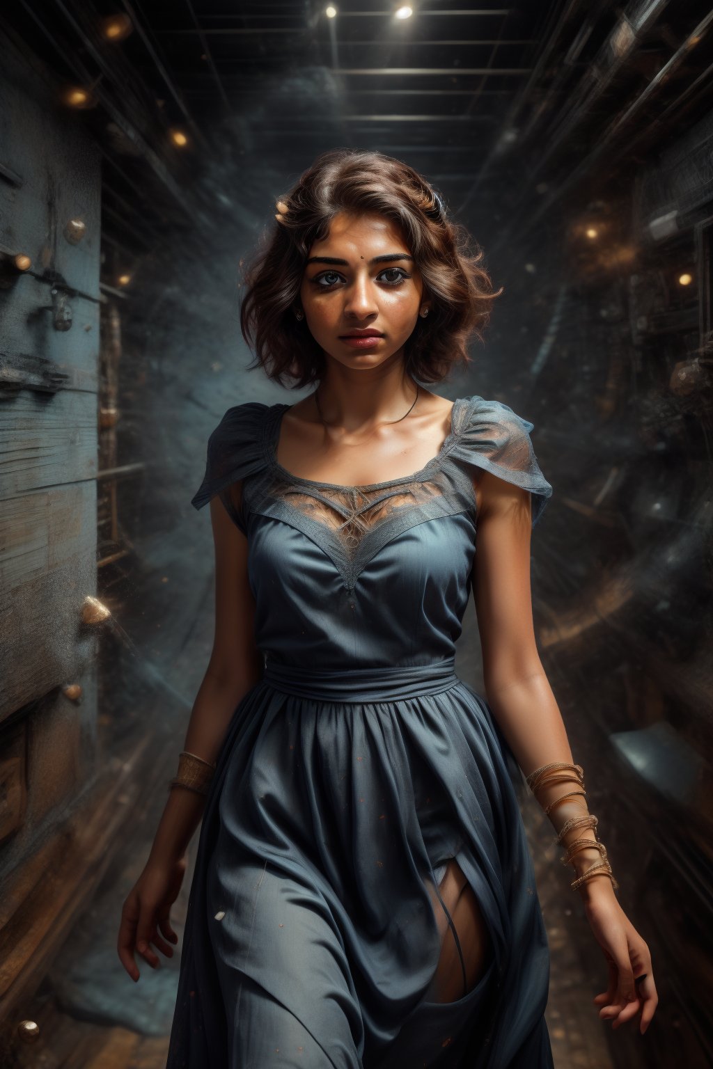 A girl standing inside a Magic realms, no in earth, other dark world, magic dress, gown, multtiunivere, infinity, infinity stones, (boy  hair cut ) picture perfect,   detailed body,  (realistic ambient light,  perfect body,  light freckle,  realistic details,  beautiful oblong face,  extremely high quality RAW photograph,  detailed background,  intricate,  exquisite details and textures,  highly detailed,  ultra detailed photograph,  warm lighting,  4k,  sharp focus,  high resolution,  detailed skin,  detailed light blue cat eyes,  8k uhd,  dslr,  high quality,  film grain,  Fujifilm XT3, full body portrait, looking_at_the_viewer, 
,perfect,Mallu girl ,explosionmagic 